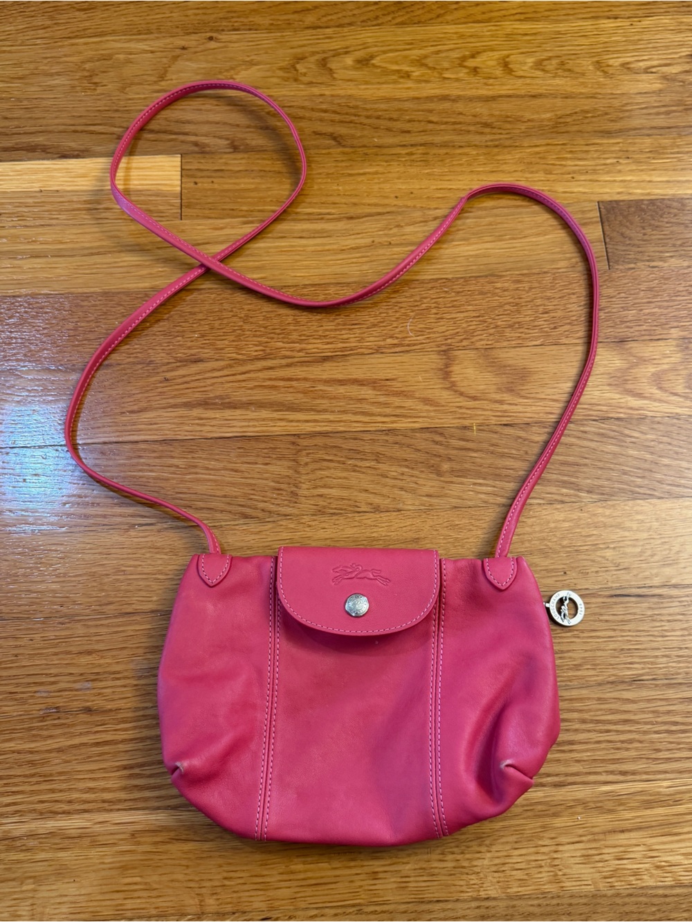 Longchamp Le Pliage Cuir Mini Crossbody Bag Snap Front Rear Zip in Pink